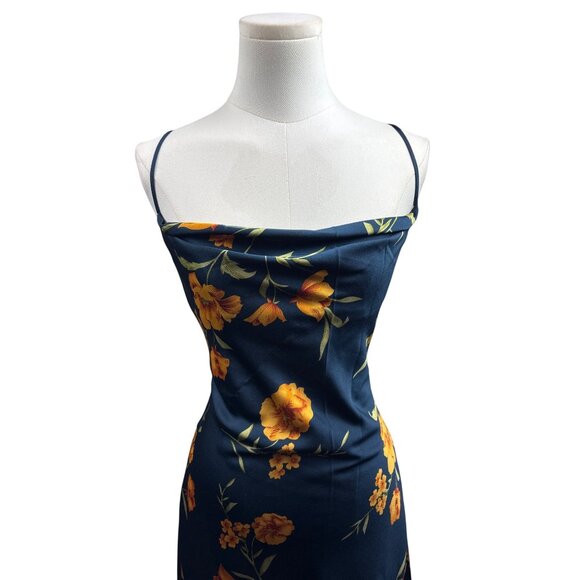 Women’s Azazie Small Navy Blue Sleeveless Maxi Dress with Orange Florals & a Sid - Picture 3 of 6